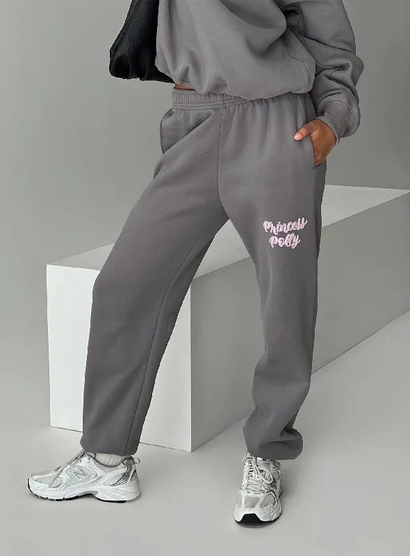 Chic Wardrobe Princess Polly Track Pants Puff Text Charcoal