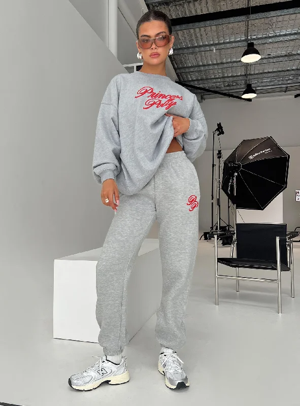 Additional Time-Limited Offers Princess Polly Track Pants Cursive Text Grey Marle/ Red