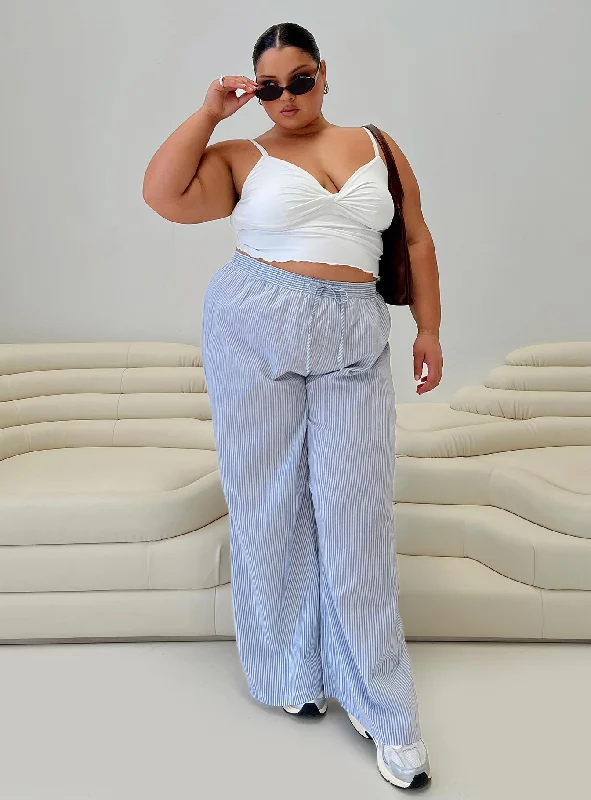 Casual Women's Clothing Holiday Tie Front Pant Blue / White Stripe Curve