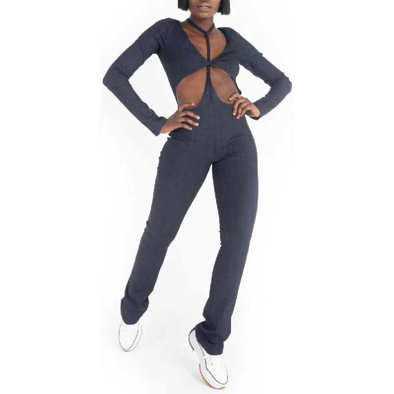 Eclectic Fashion Grayscale Womens Denim Cut Out Jumpsuit