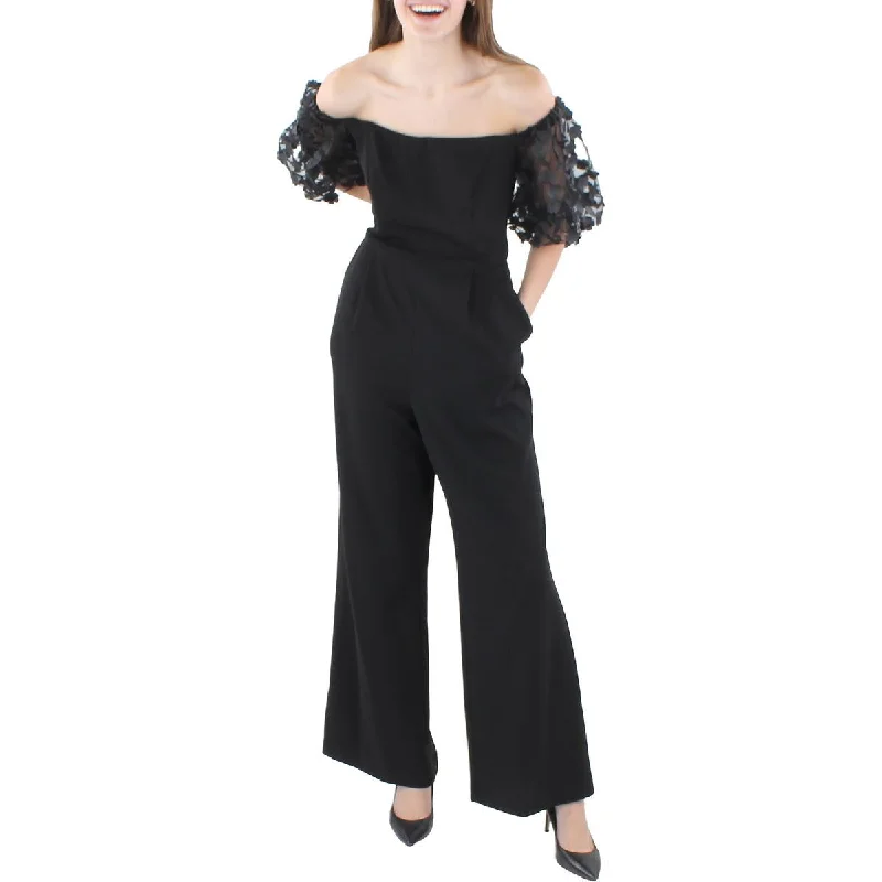 Trend Forward Threads For Her Xscape Womens Petites Floral Applique Off-The-Shoulder Jumpsuit