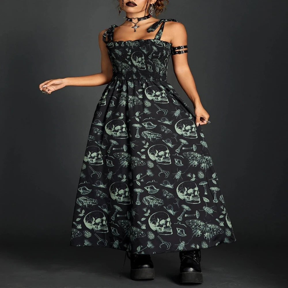 Mega Sale Goth Skull Shirring Lace Up Long Dress