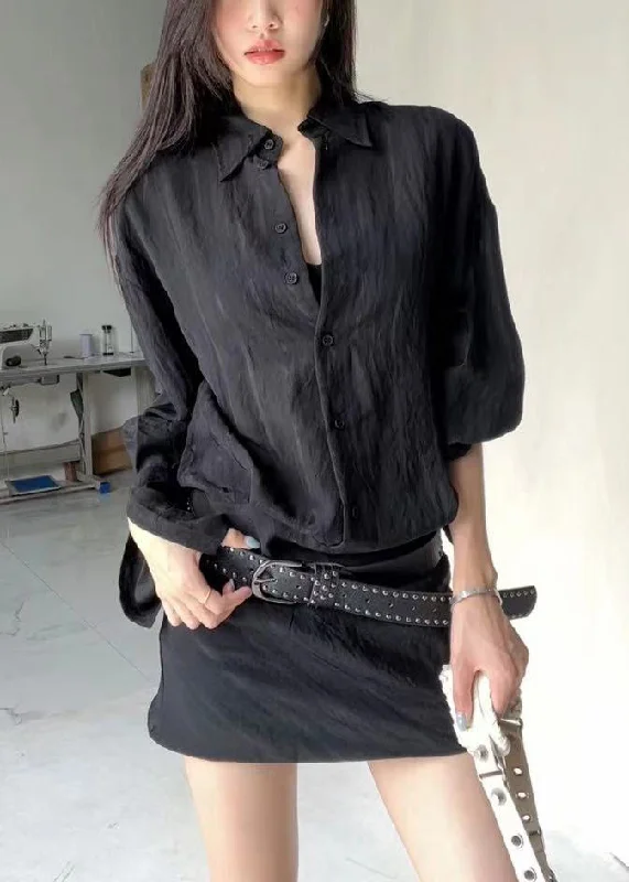 The Latest Trends New Black Peter Pan Collar Button Cotton Shirts Mid Dress Long Sleeve