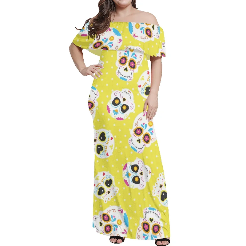 Clearance Sale Women's Sugar Skull Yellow Off-shoulder Long Dress