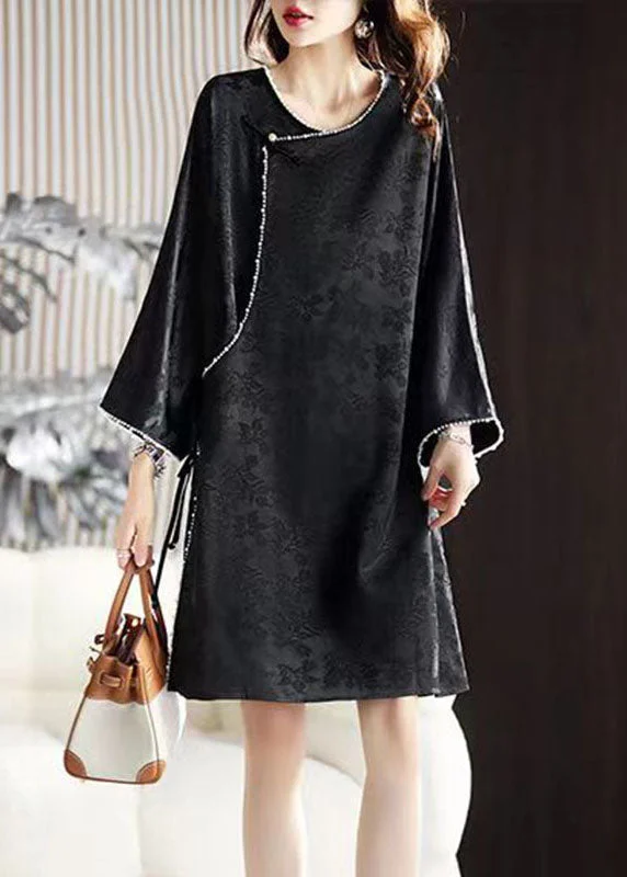 Casual Women's Clothing Online Art Black O-Neck Nail Bead Silk Mid Dress Long Sleeve