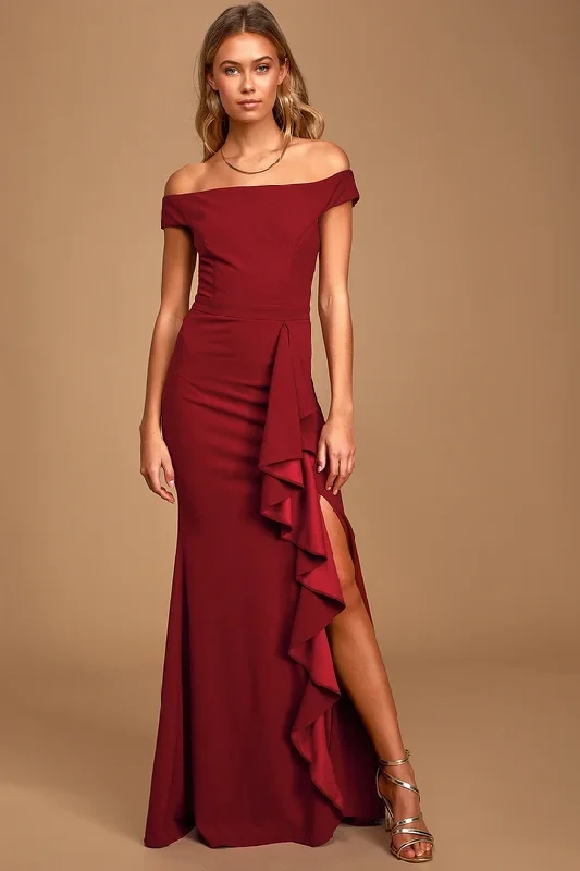 Catch Every Fashion Trend Mila Burgundy Ruffled Off-the-Shoulder Maxi Dress