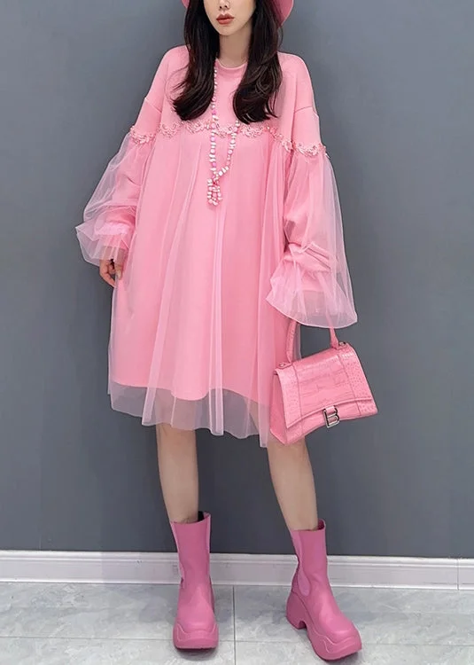 Chic Casual Style Casual Pink O Neck Tulle Patchwork Cotton Mid Dresses Fall