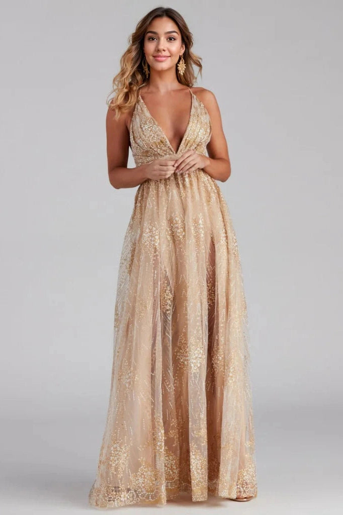 Luxury Fashion Formal Plunging Glitter Dress