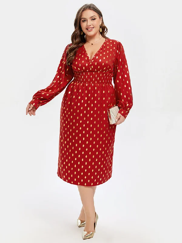 Best Sellers Polka Dot Print V-Neck Lantern Sleeve Midi Dress