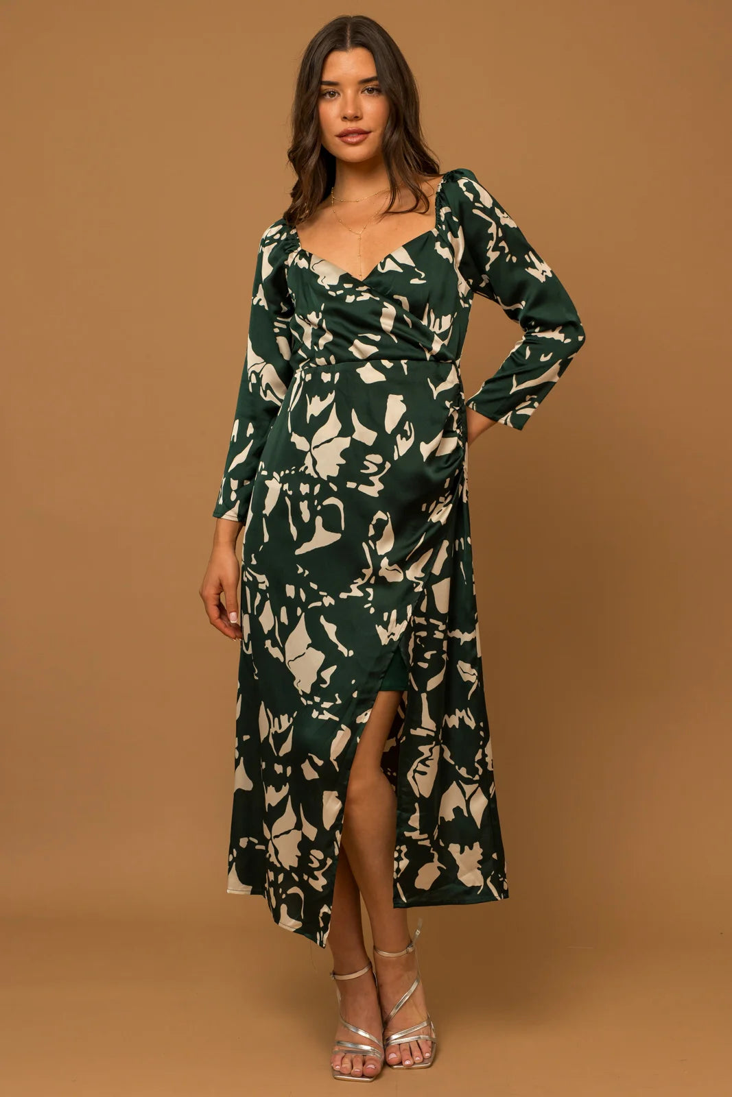 Additional Time-Limited Offers Long Sleeve Smocked Back Wrap Midi Dress