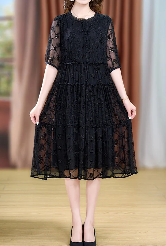 Women's Clothes for All-Day Comfort and Style Lace hollowed-out black knit  dress