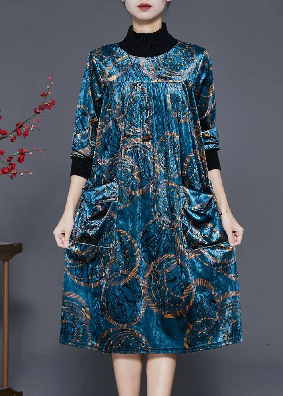 Women's Clothing for Every Season and Trend Blue Print Silk Velour Long Dresses High Neck Pockets Spring