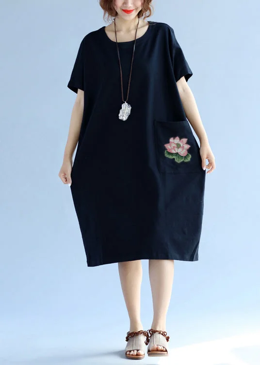 Latest Fashion for Women Elegant pockets Cotton clothes For Women black Dress Summer