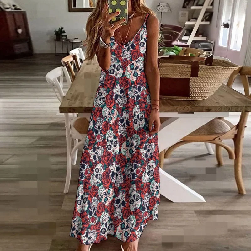 Unleash Your Trendy Side Floral Skulls Sling Ankle Long Maxi Dress