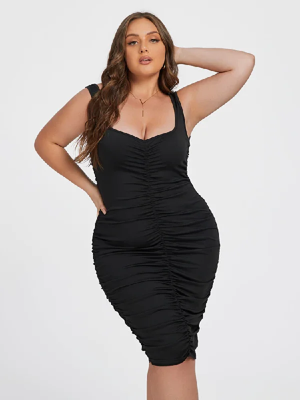 Shop Our Looks Plus Black V Neck Ruched Bodycon Midi Dress