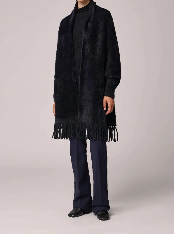 Elevate Your Wardrobe Danela Knit Scarfigan With Fringe In Black