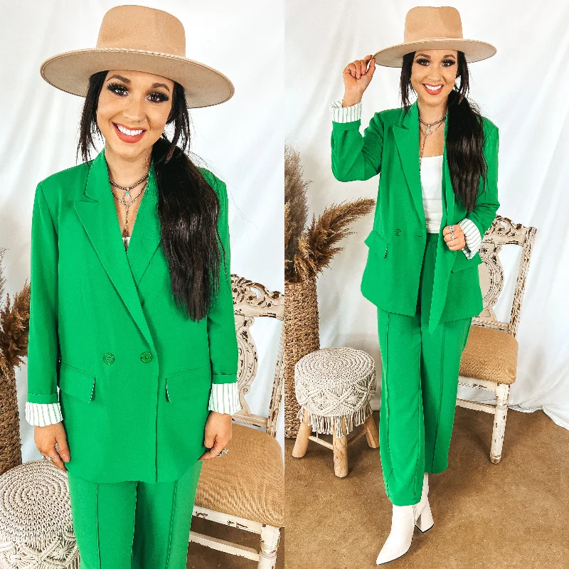 Break Fashion Norms Bossy Business Double Button Blazer with Pockets in Green