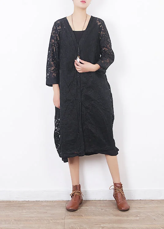 Best Online Boutiques French black lace clothes For Women Omychic Work Outfits v neck loose summer hollow out cardigan