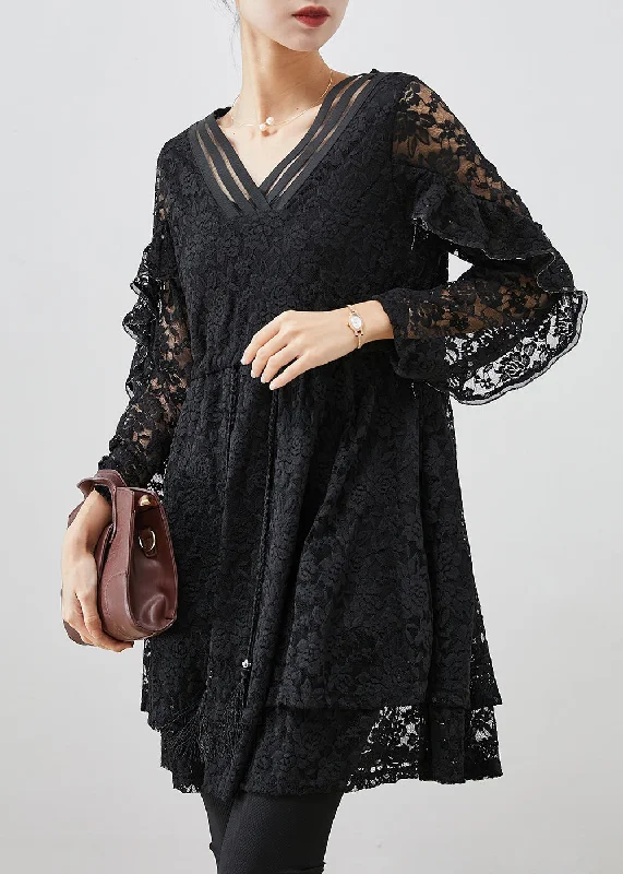 Fashion Deal Black Silm Fit Lace A Line Dress Tie Waist Fall