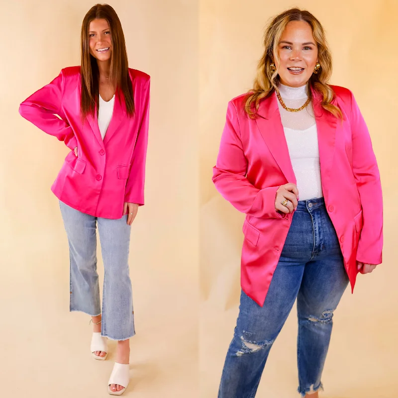 Big Discounts Touch Of Luxury Long Sleeve Satin Blazer in Hot Pink