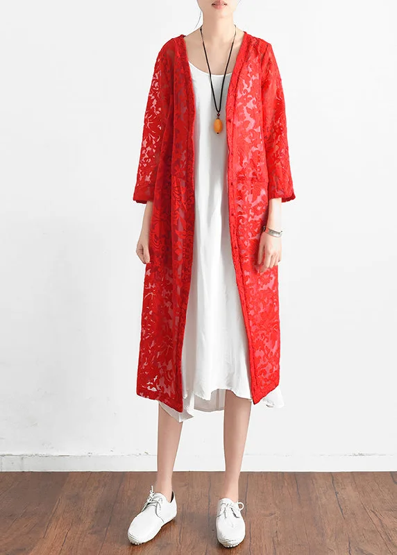 Eclectic Fashion Loose red lace outwear plus size Tunic Tops v neck shift summer hollow out cardigan