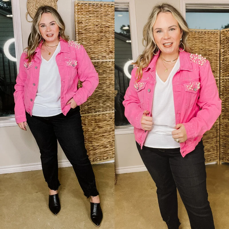 Trendy Pulse Dreams And Desires Button Up Denim Jacket with Pearls and Crystals and Hot Pink