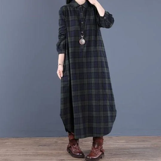 Classic Women's Clothing Styles Vintage Loose Cotton Plaid Dress