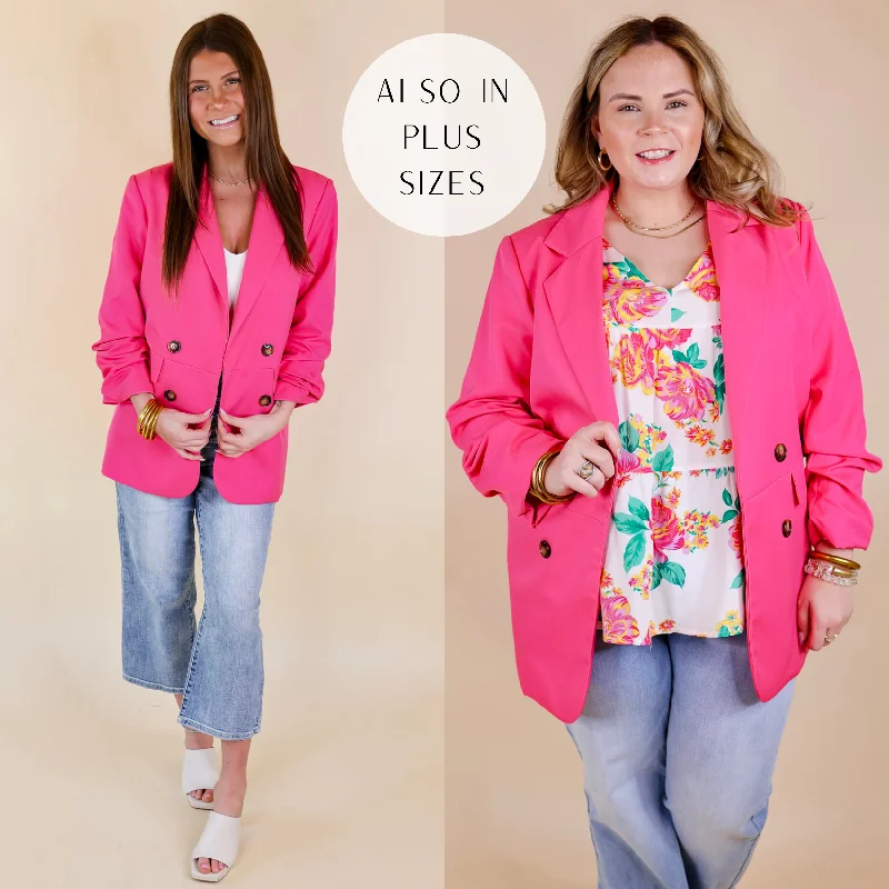 New Styles Just In Editors Choice 3/4 Sleeve Double Button Blazer in Hot Pink