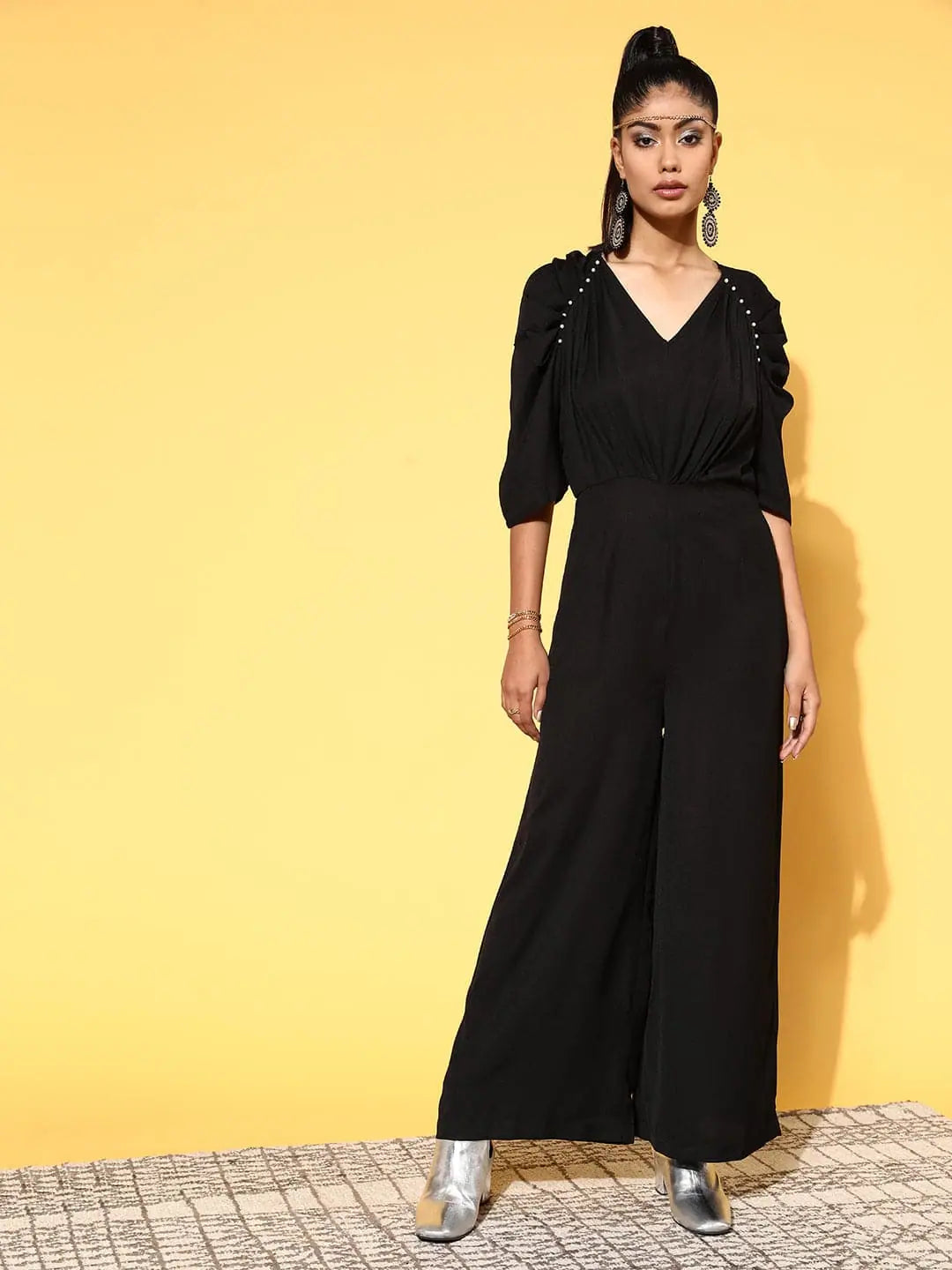 Earthy Tones Women Solid Black Jumpsuits & Sets