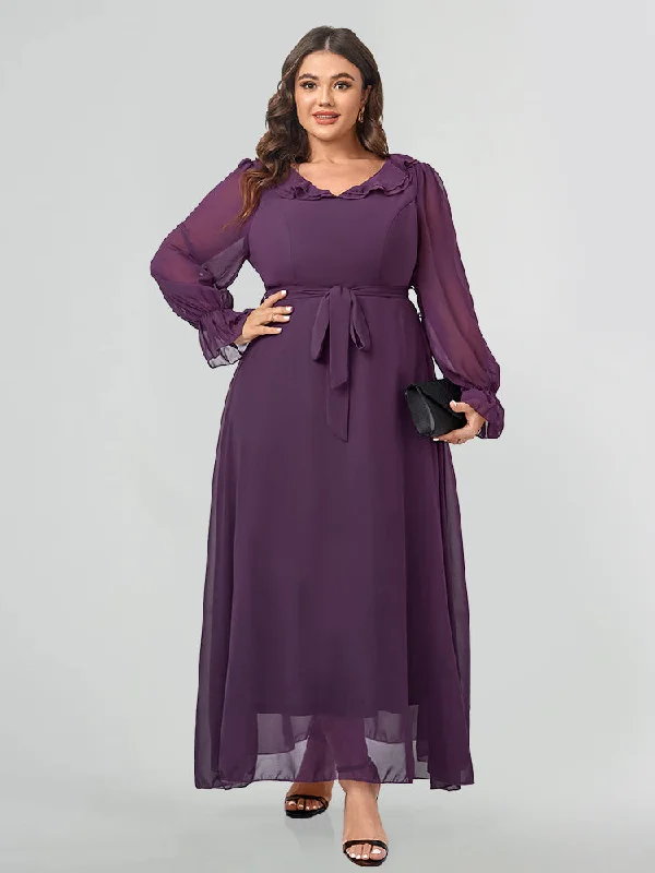 Top Deals Ruffle Trim Flounce Sleeve Belted Bridesmaid Dress