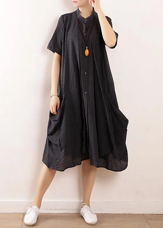 Relaxed Style French navy linen cotton Soft Surroundings Boho Wardrobes short sleeve Maxi summer Dress