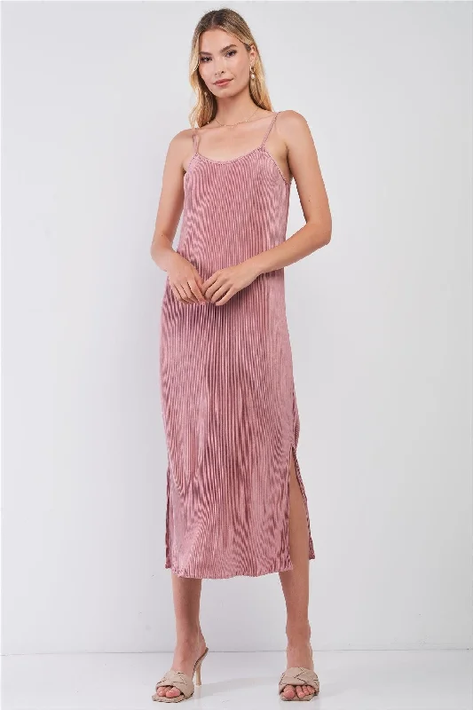 Seasonal Women's Fashion Trends Dusty Pink Pleated Sleeveless Round Neck Side Slit Detail Midi Dress