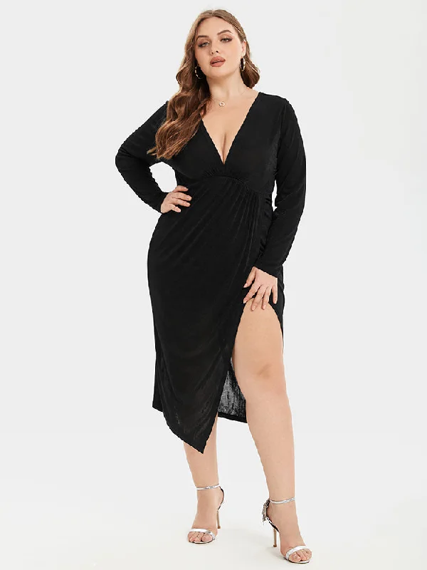 Affordable Fashion for Women Solid Split Thigh V-Neck Ruched Midi Dress