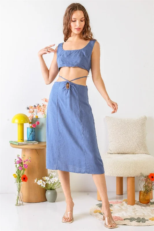 All Season Basics Discount Blue Sleeveless Square Neck Self-Tie Strap Cut-Out Midi Dress /3-2-1