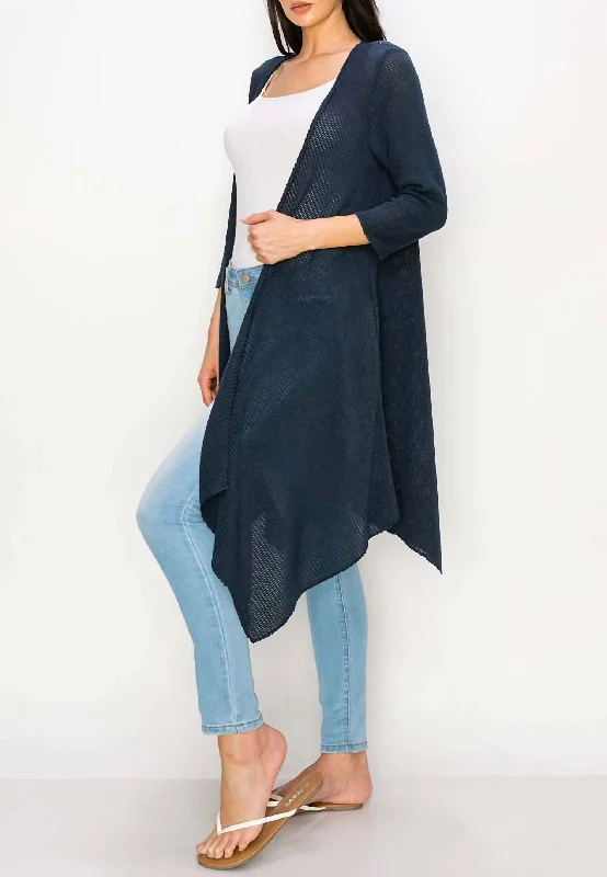 Holiday Glam Long Sleeve Knit Duster In Navy