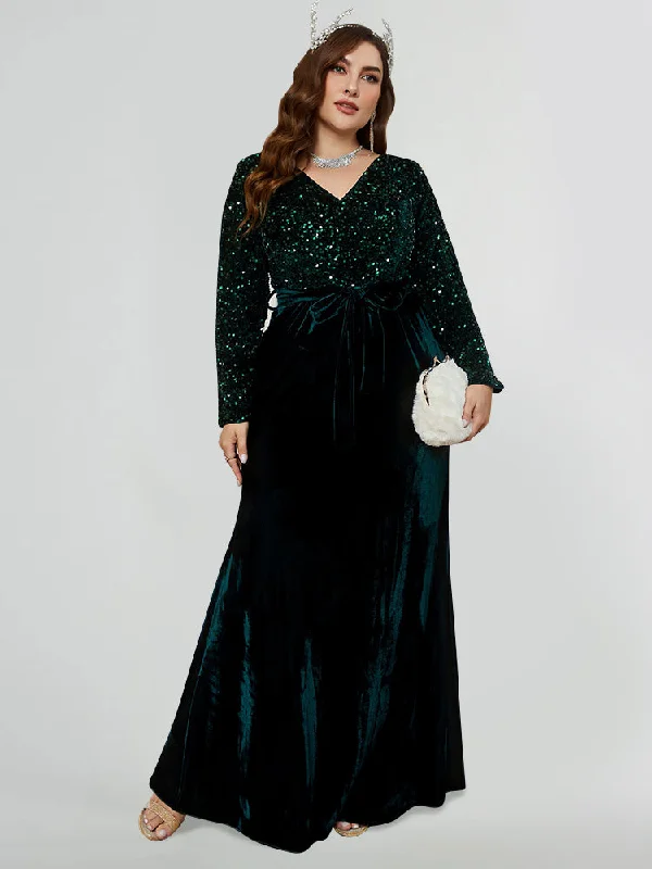 Vintage Fashion Sequin V Neck Belted Velvet Dress