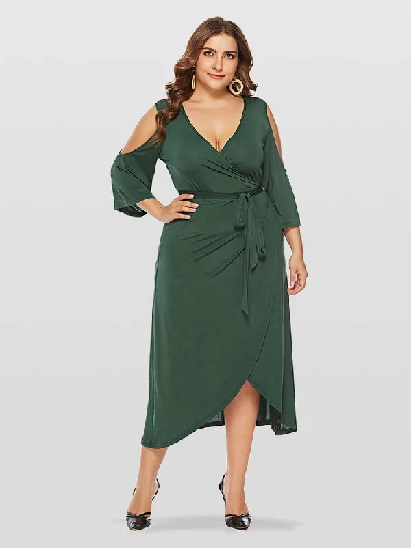 Casual Fashion Plus Green V-Neck Cold Shoulder Wrap Ditsy Midi Dress