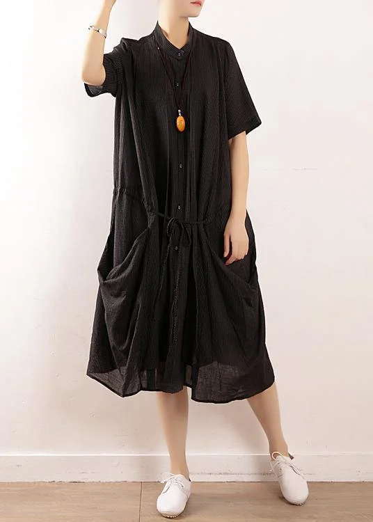 Fashion Essentials Simple black linen quilting dresses 2024 design stand collar long summer Dresses