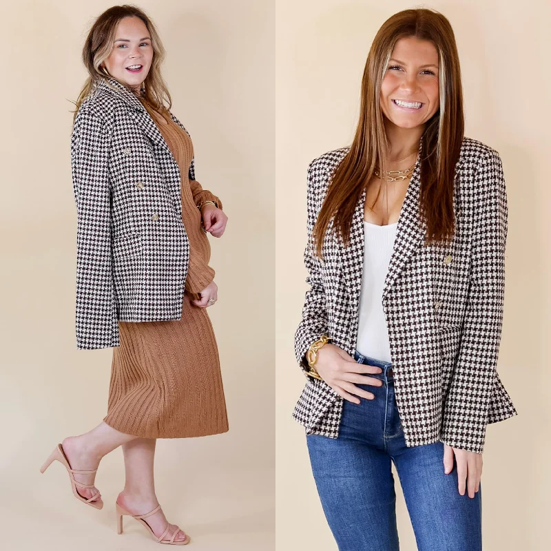 Workwear Fashion for Women Shot Of Espresso Houndstooth Blazer with Gold Buttons in Brown