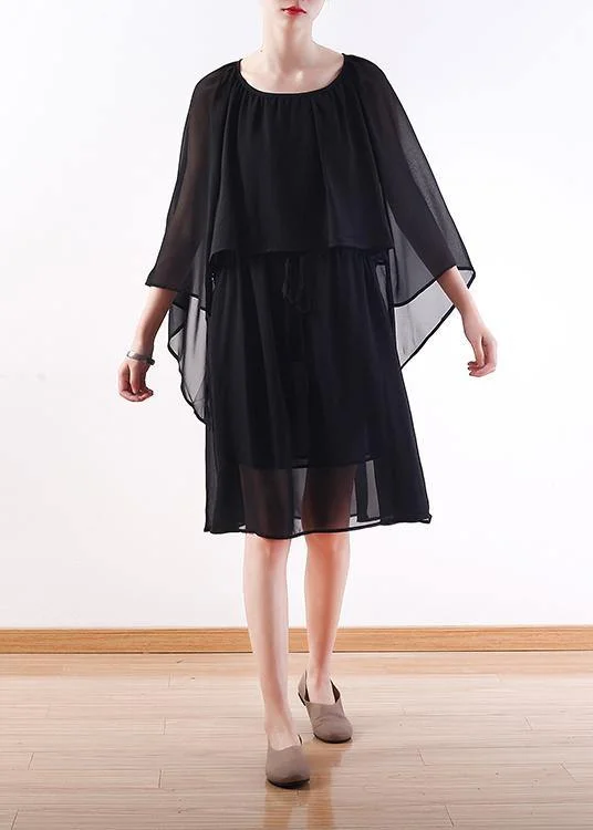 Luxury Fashion Bohemian black chiffon Long Shirts Indian Shirts tie waist long summer Dresses