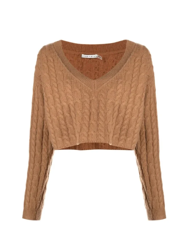 Chic Styles Ayden V-Neck Cable Knit Pullover Cropped Top Sweater in Camel