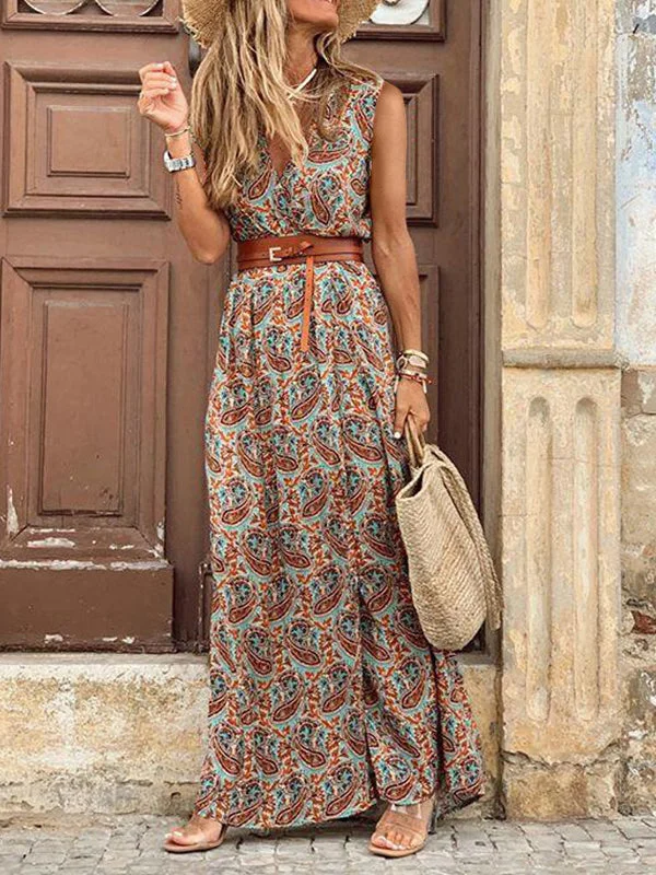 Street Style Fashion Vintage Sleeveless High-waisted Bohemian Dress