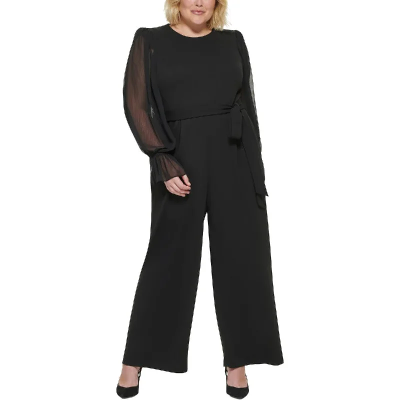 Huge Discounts This Week Calvin Klein Womens Plus Belted Sheer Sleeves Jumpsuit