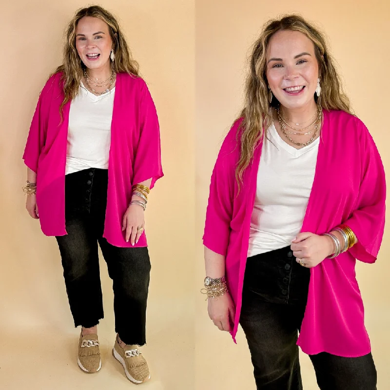 Trendy Urban Attire Like a Melody Solid Sheer Kimono in Fuchsia