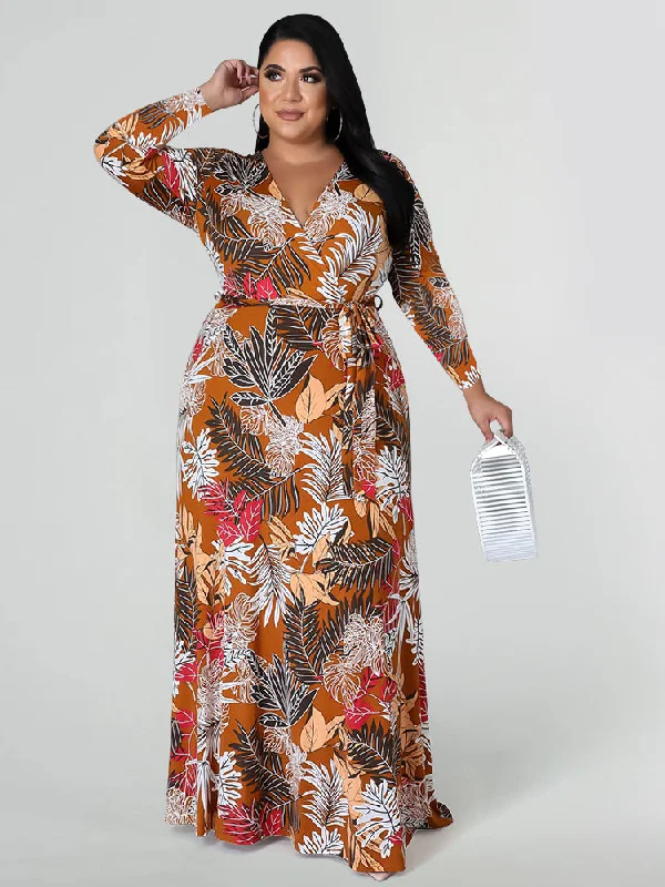 Casual Chic Boho Print Long Sleeve Wrap Dress