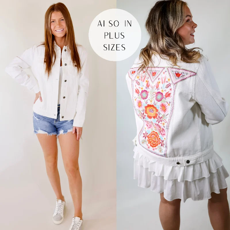 Top Deals Prime Time Floral Embroidered Denim Jacket With Pockets in White