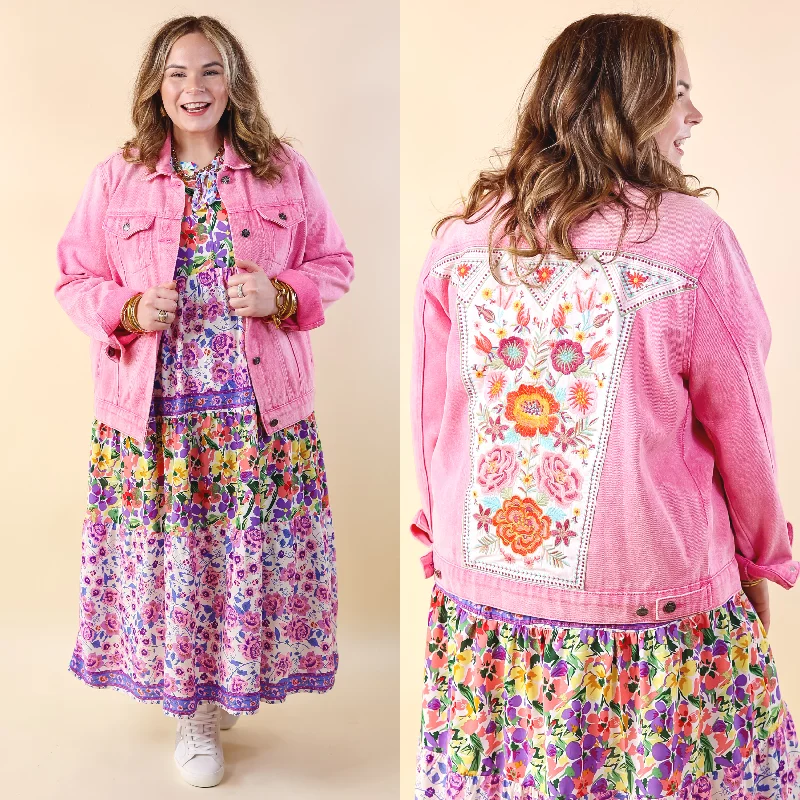 Trendy Women's Fashion Prime Time Floral Embroidered Denim Jacket With Pockets in Pink