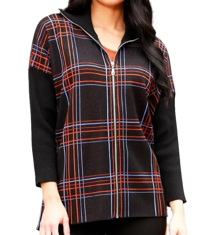 Clothing Store Zip Plaid Poncho In Black/multi