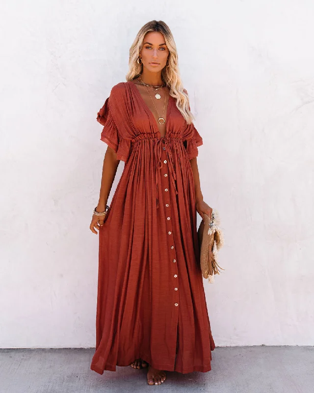 Evening Elegance KittenAlarm - Anika Pocketed Button Down Ruffle Maxi Dress - Terracotta