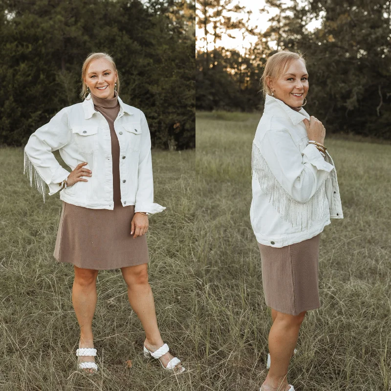 Elegant Simplicity Wardrobe Rhinestone Cowgirl Crystal Fringe Denim Jacket in White